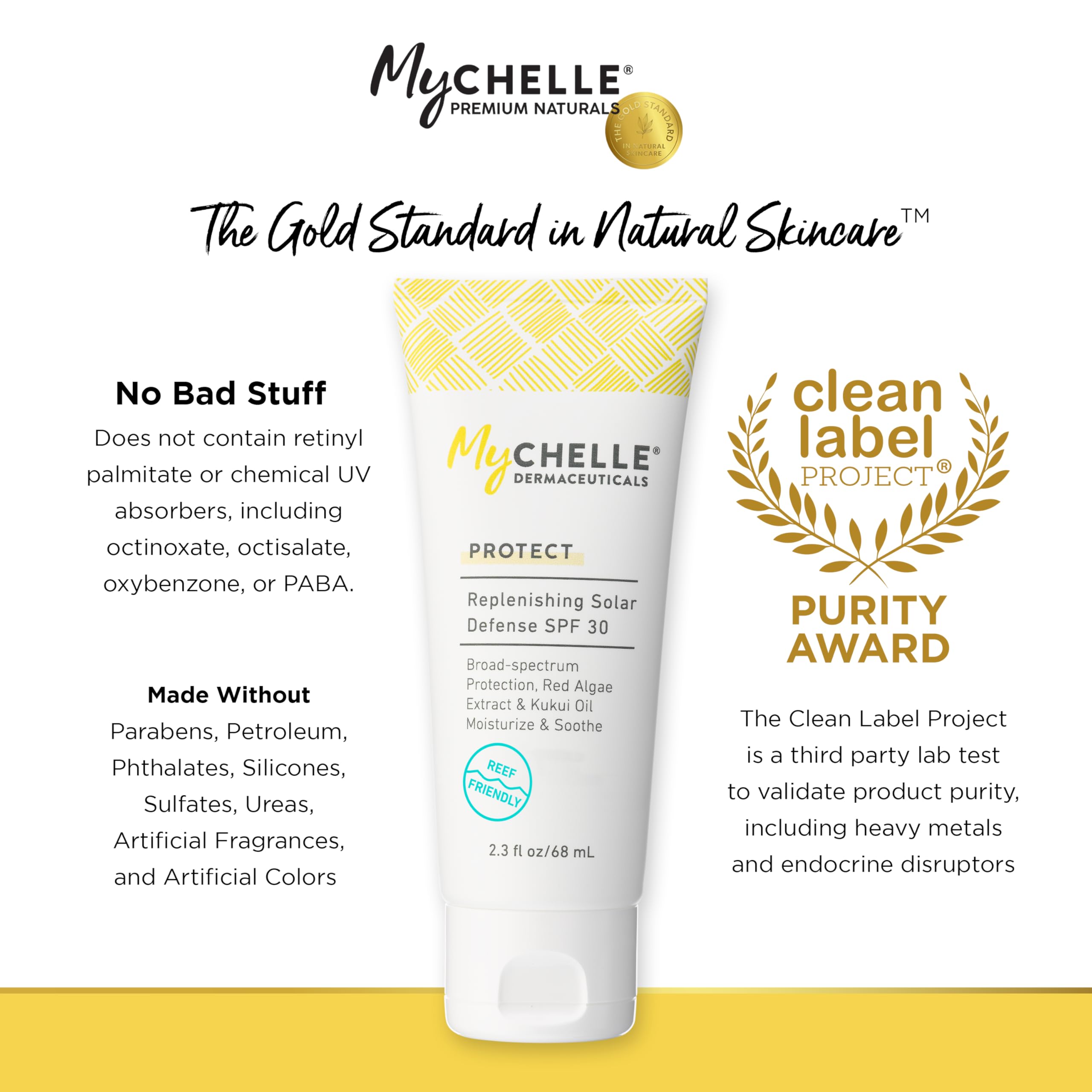 MyCHELLE Solar Defense SPF 30 – extrait d'algues rouges pour hydratation et douceur.