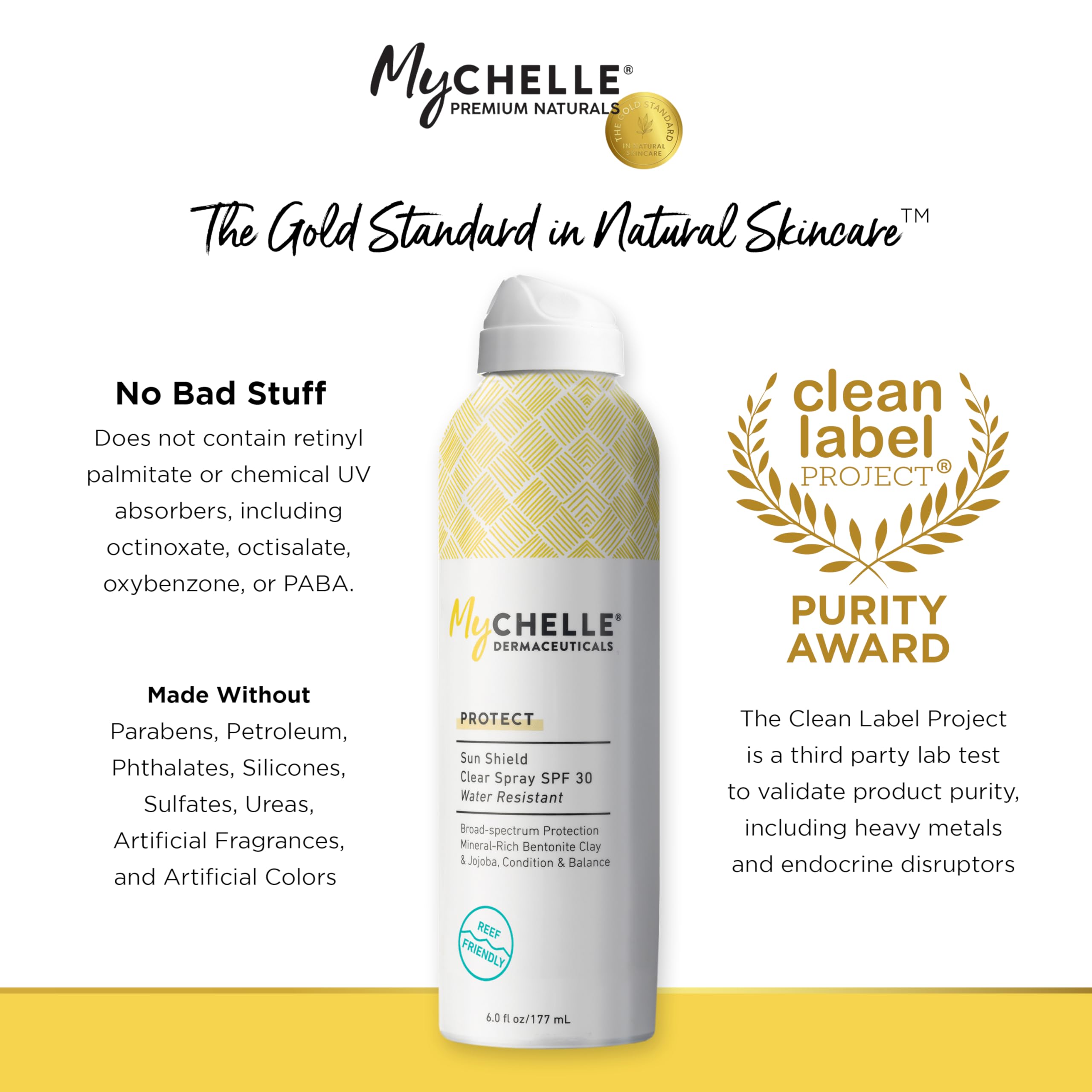 MyChelle Sun Shield Clear Spray with jojoba oil conditions the skin.
