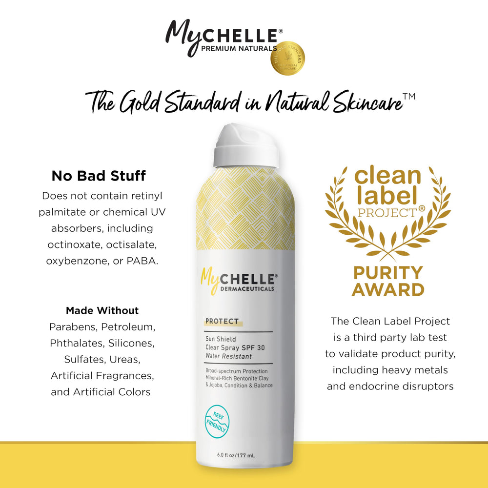 MyChelle Sun Shield Clear Spray with jojoba oil conditions the skin.