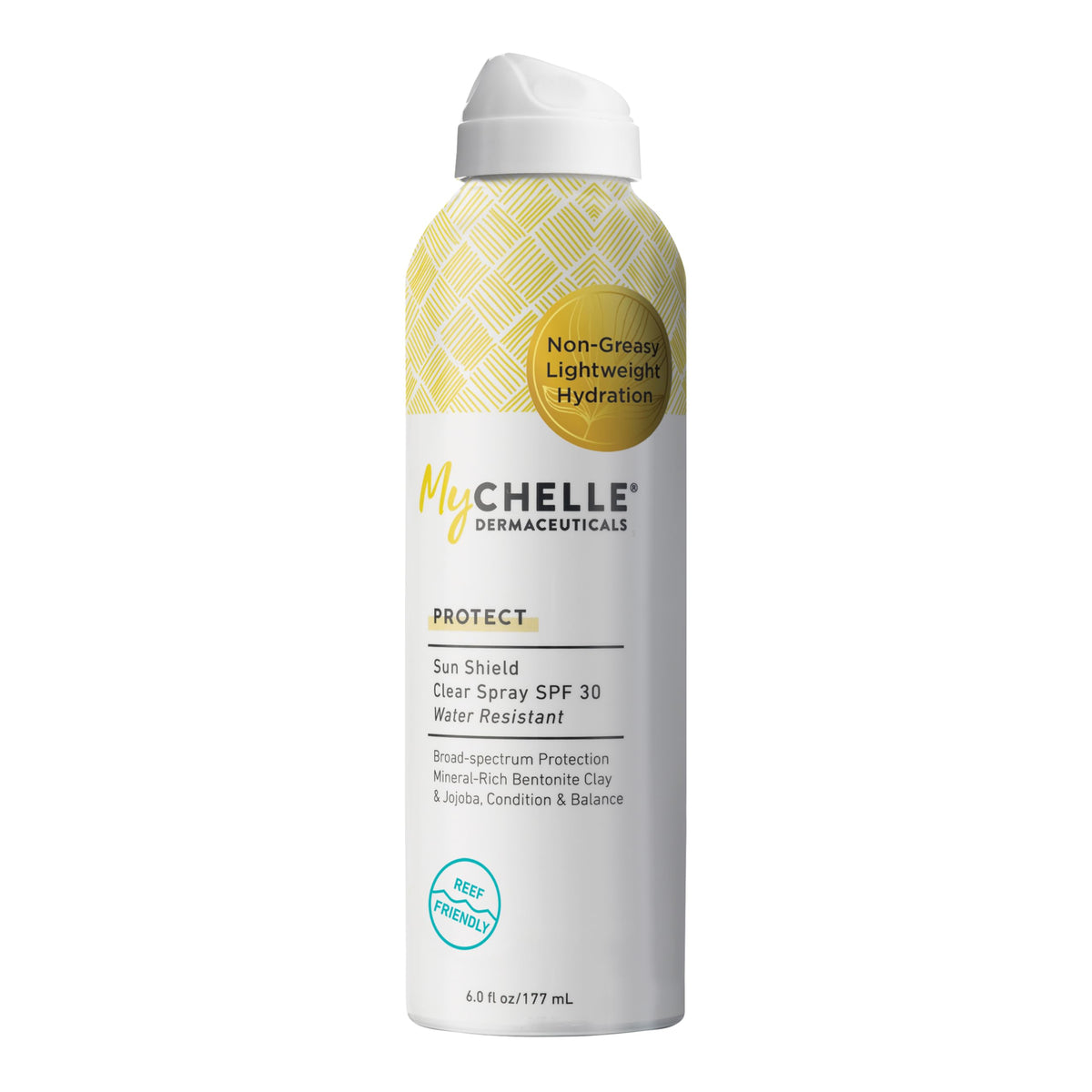 MyChelle Sun Shield Clear Spray SPF 30 bottle for daily protection.