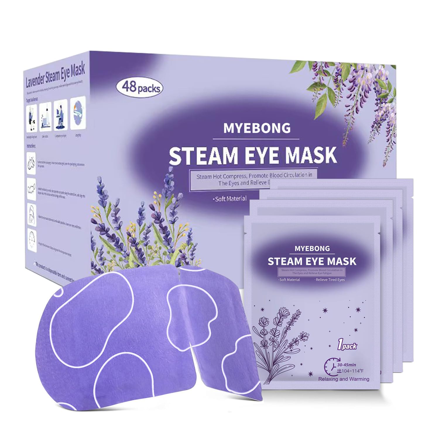 MYEBONG masque yeux chauffant à vapeur lavande en action.