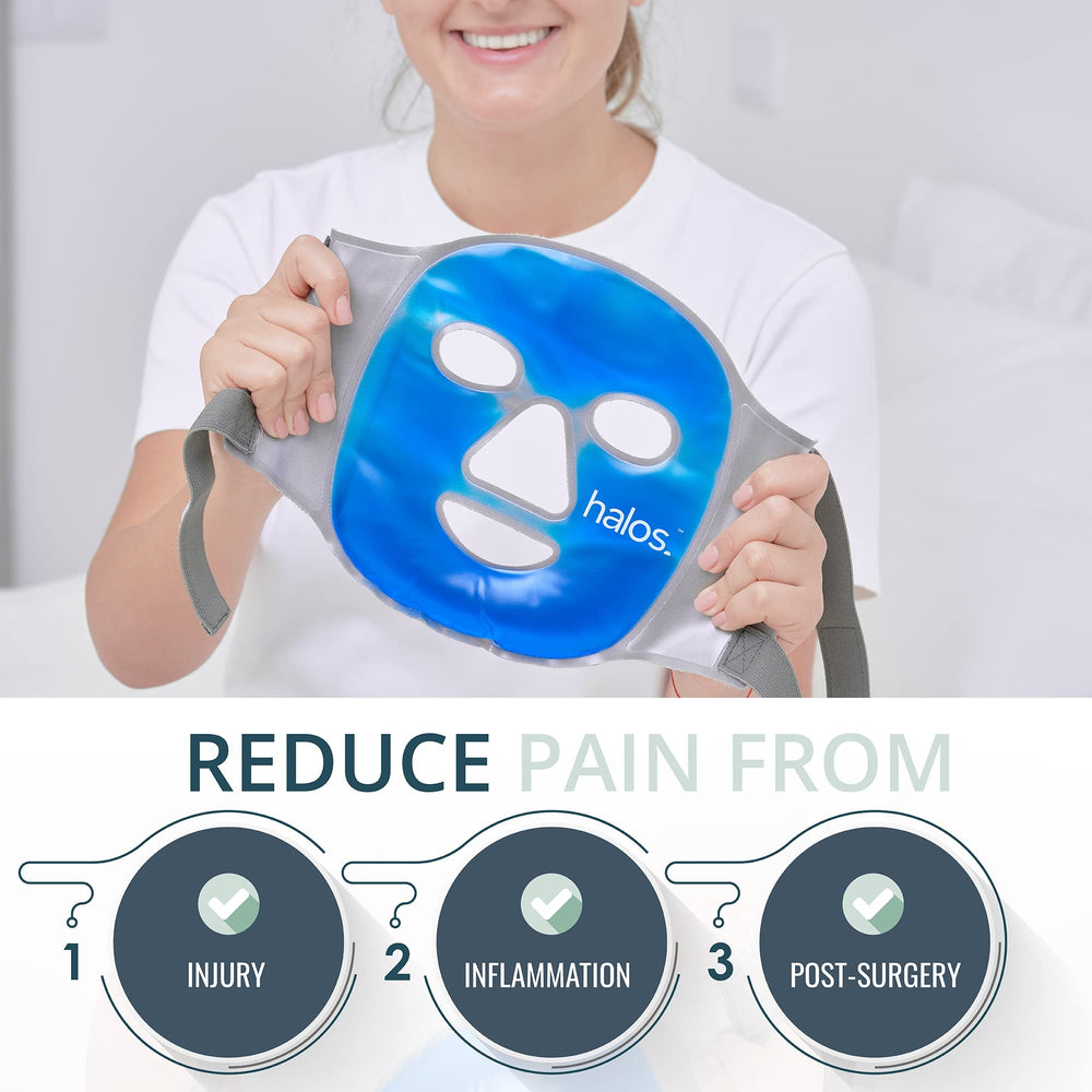 MyHalos Masque Visage Après Chirurgie Dentaire apaise les zones sensibles.