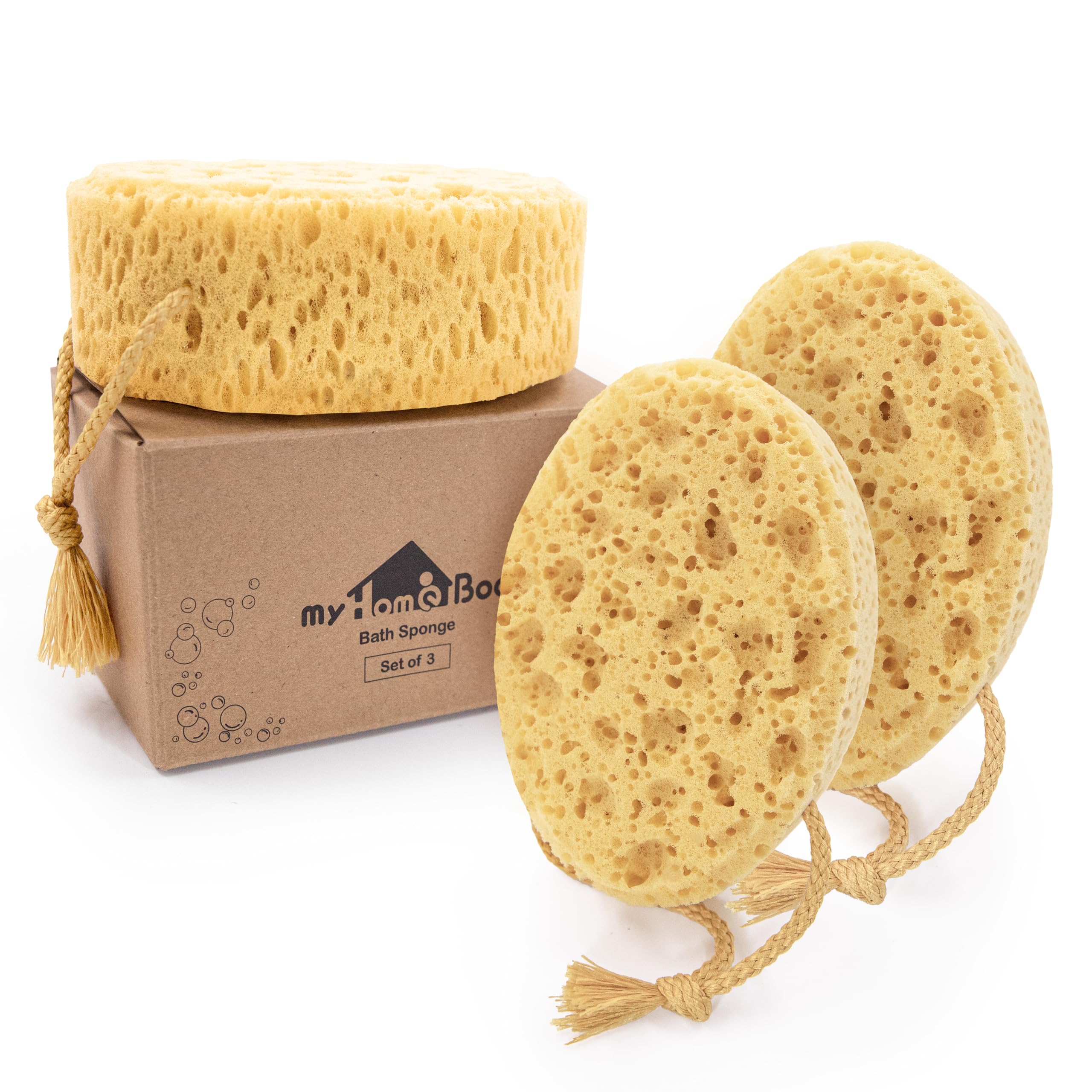 myHomeBody éponge de bain grande et ovale offrant une prise en main confortable et une mousse généreuse.