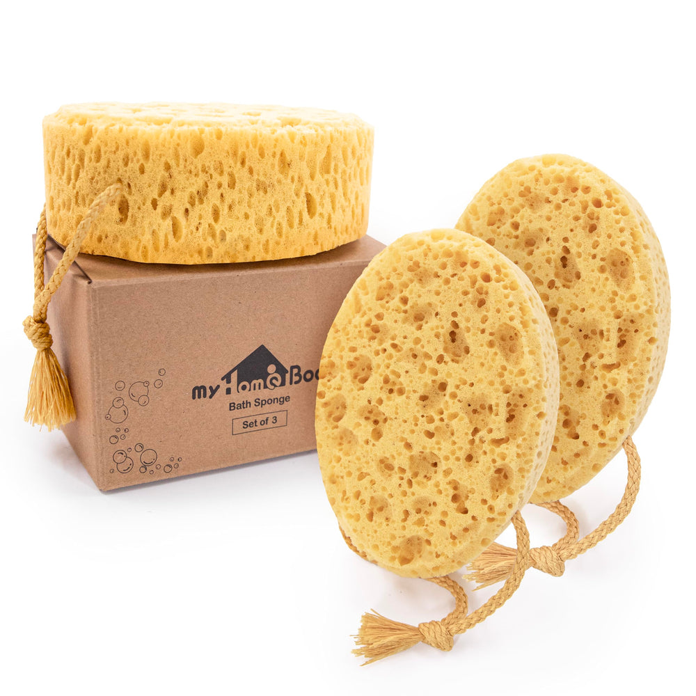 myHomeBody éponge de bain grande et ovale offrant une prise en main confortable et une mousse généreuse.