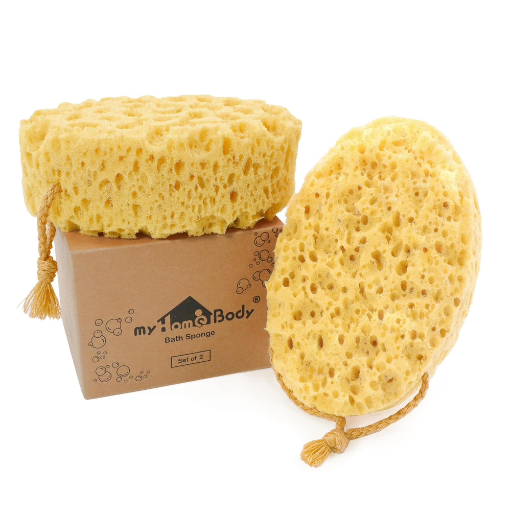 myHomeBody éponge de bain grande taille en main, mousse généreuse.