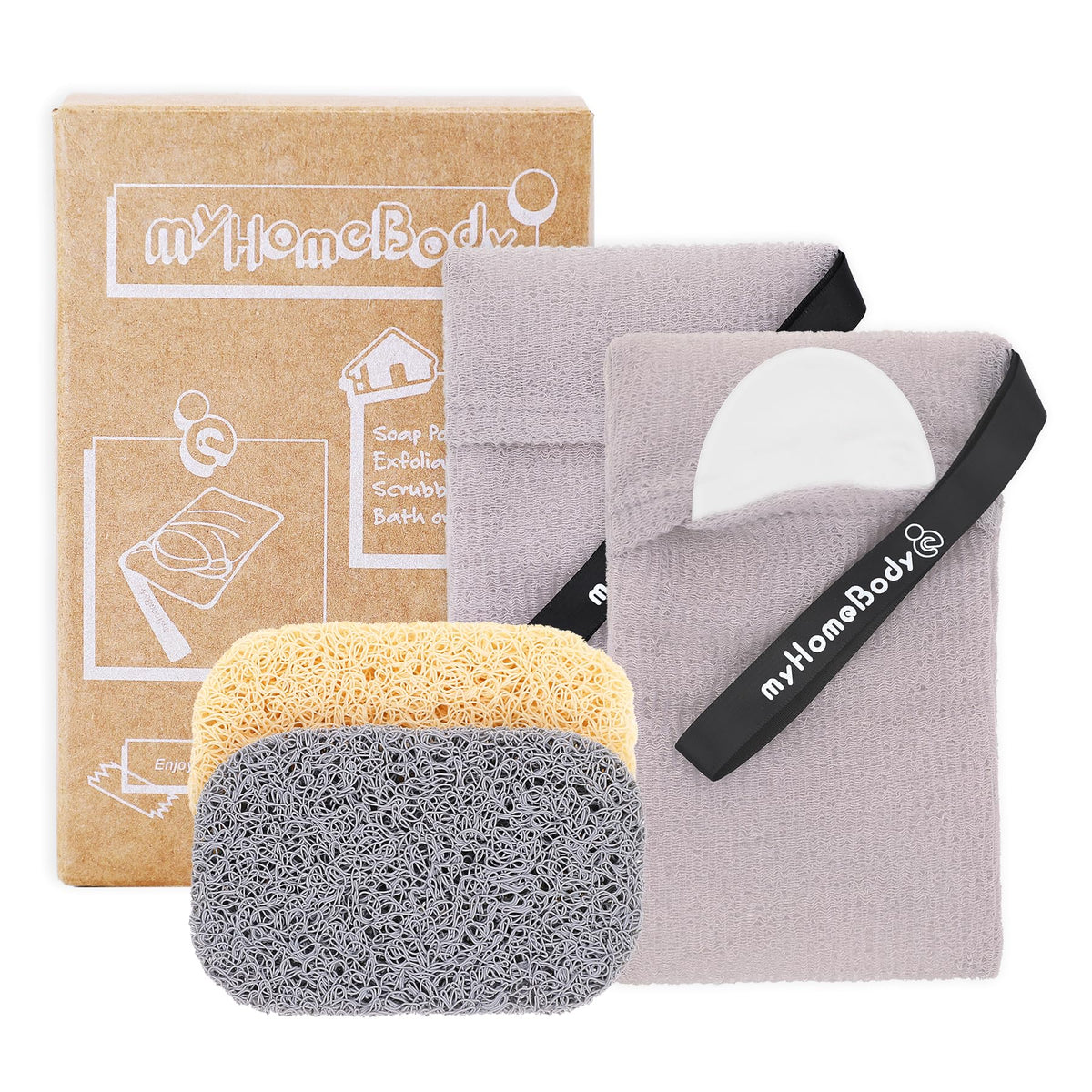 Pochette exfoliante myHomeBody prête à exfolier le savon sous la douche