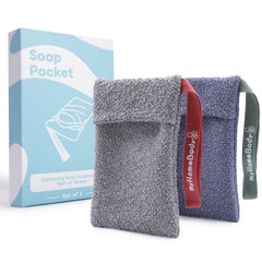 myHomeBody sac savon exfoliant bleu foncé, peau plus lisse après douche.