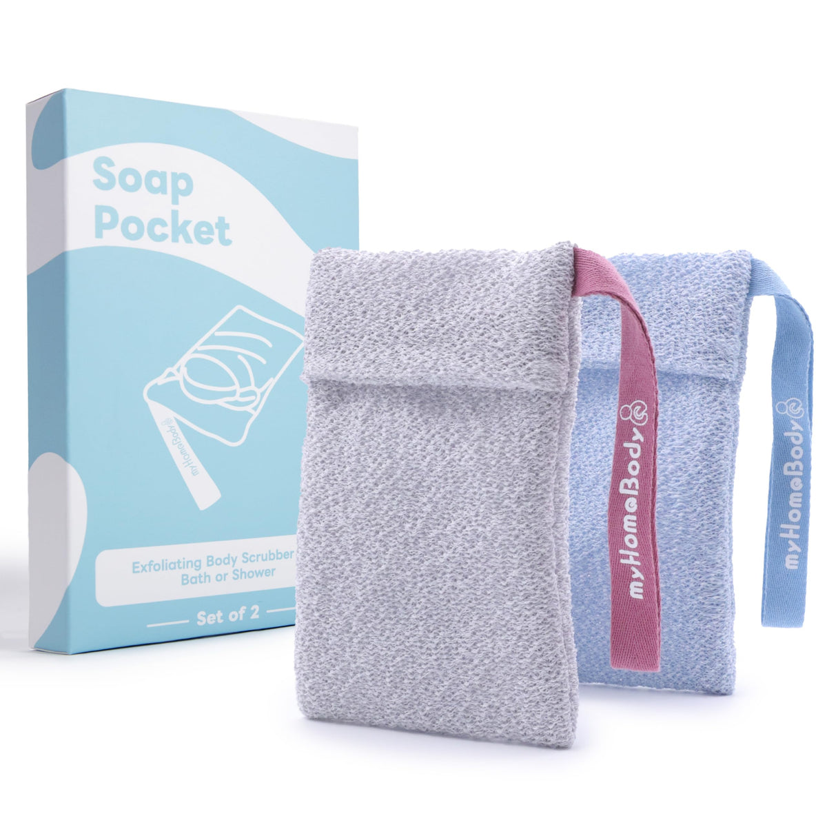 myHomeBody sac savon maille bleu gris, exfoliation efficace pendant la douche