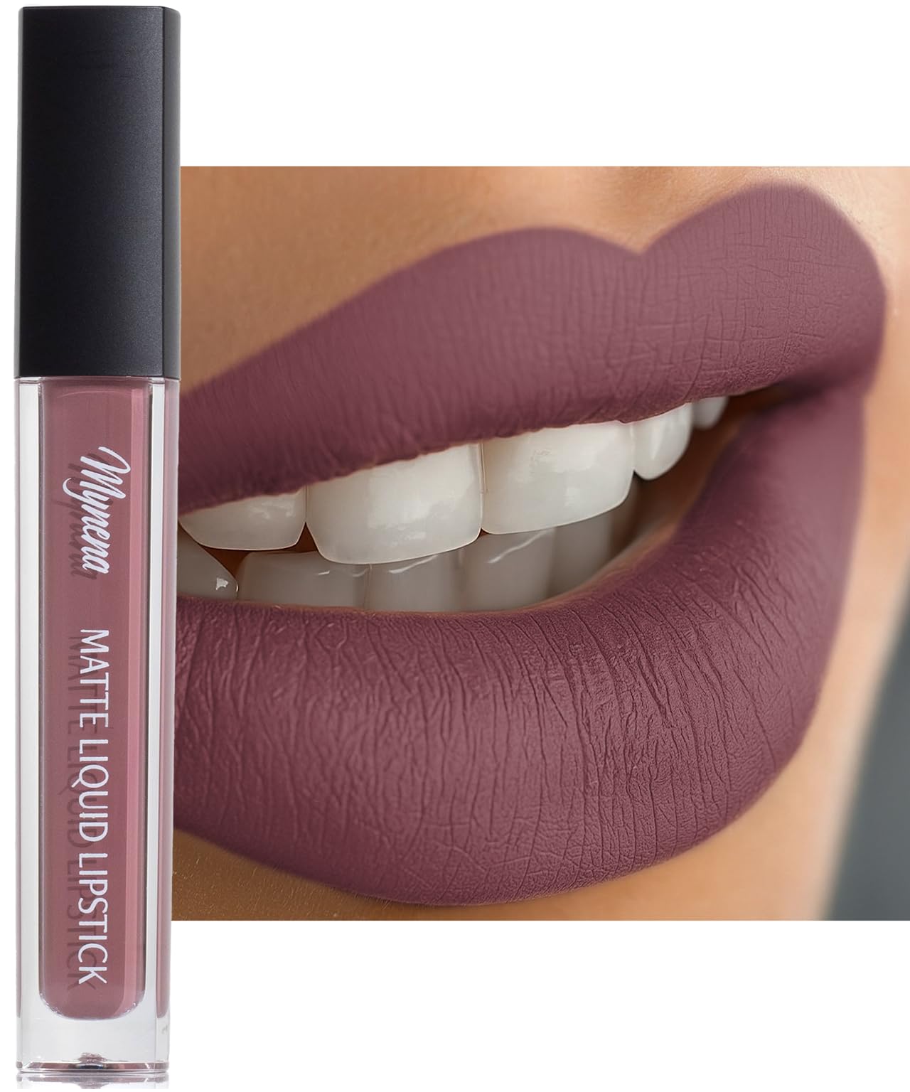Mynena Rose Mauve Poudré rouge liquide, bouteille élégante et compacte