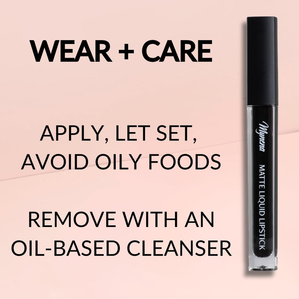 Mynena Matte Lipstick Black application shot highlights precise, even coverage.