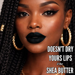 Mynena Matte Lipstick Black swatch on arm demonstrates rich color and longevity.