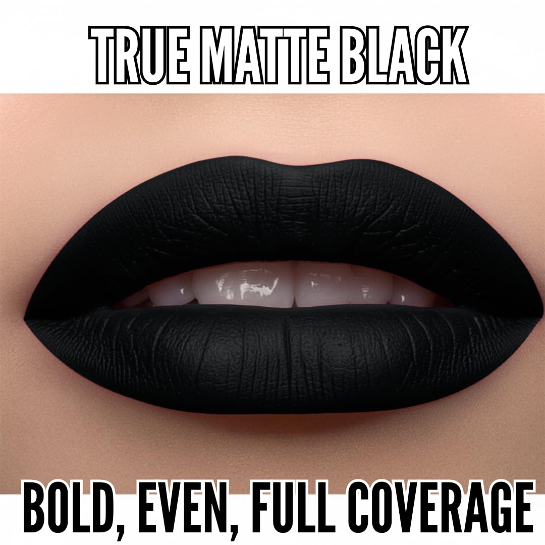 Mynena Matte Lipstick Black swatch on skin shows bold true-black pigment.