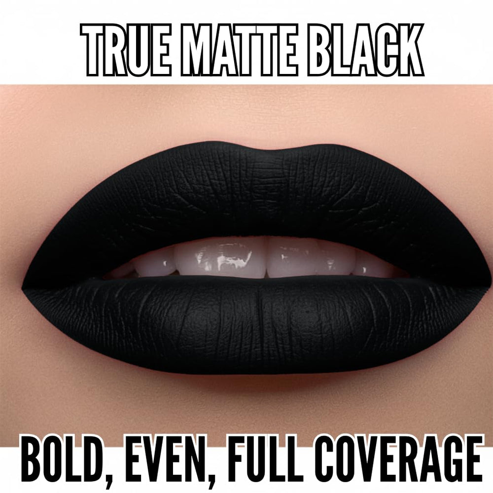 Mynena Matte Lipstick Black swatch on skin shows bold true-black pigment.