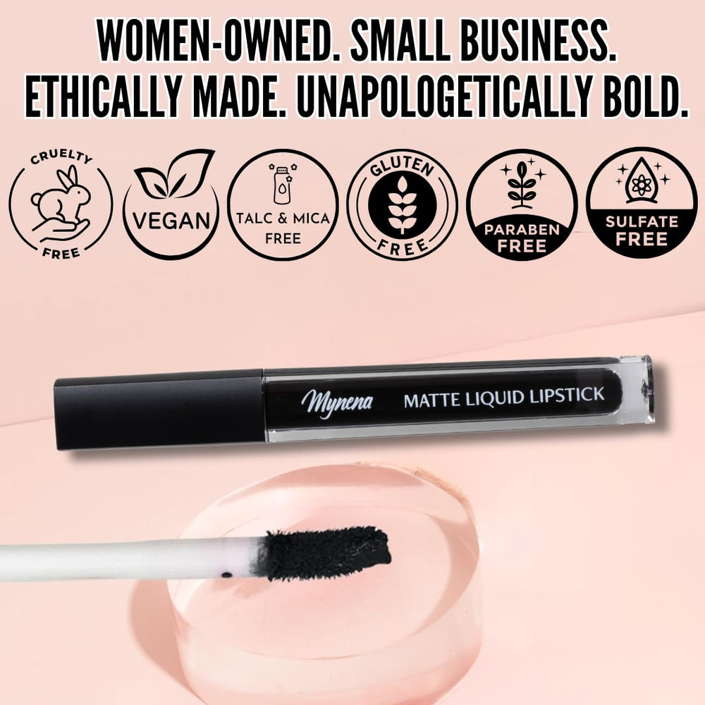 Mynena Matte Lipstick Black wear test indicates transfer-resistance in daily use.