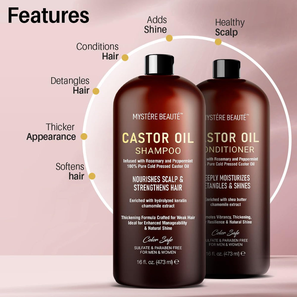 Mystère Beauté Après-Shampoing Castor Menthe – flacon, démêlage facile et brillance légère.