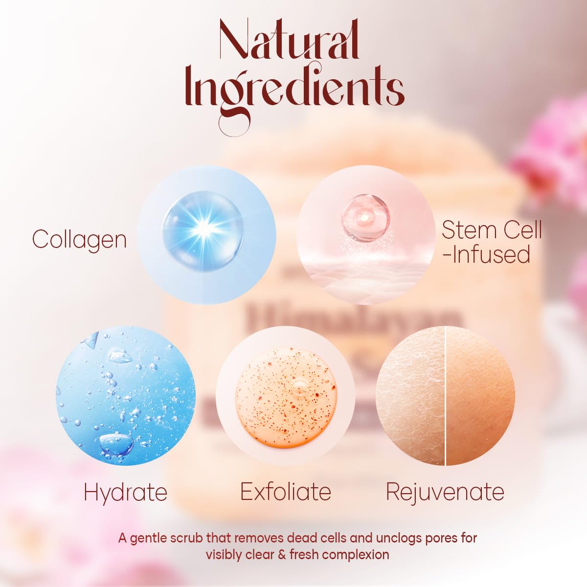 Grains roses du gommage Mystère Beauté au sel Himalaya visibles, texture exfoliante