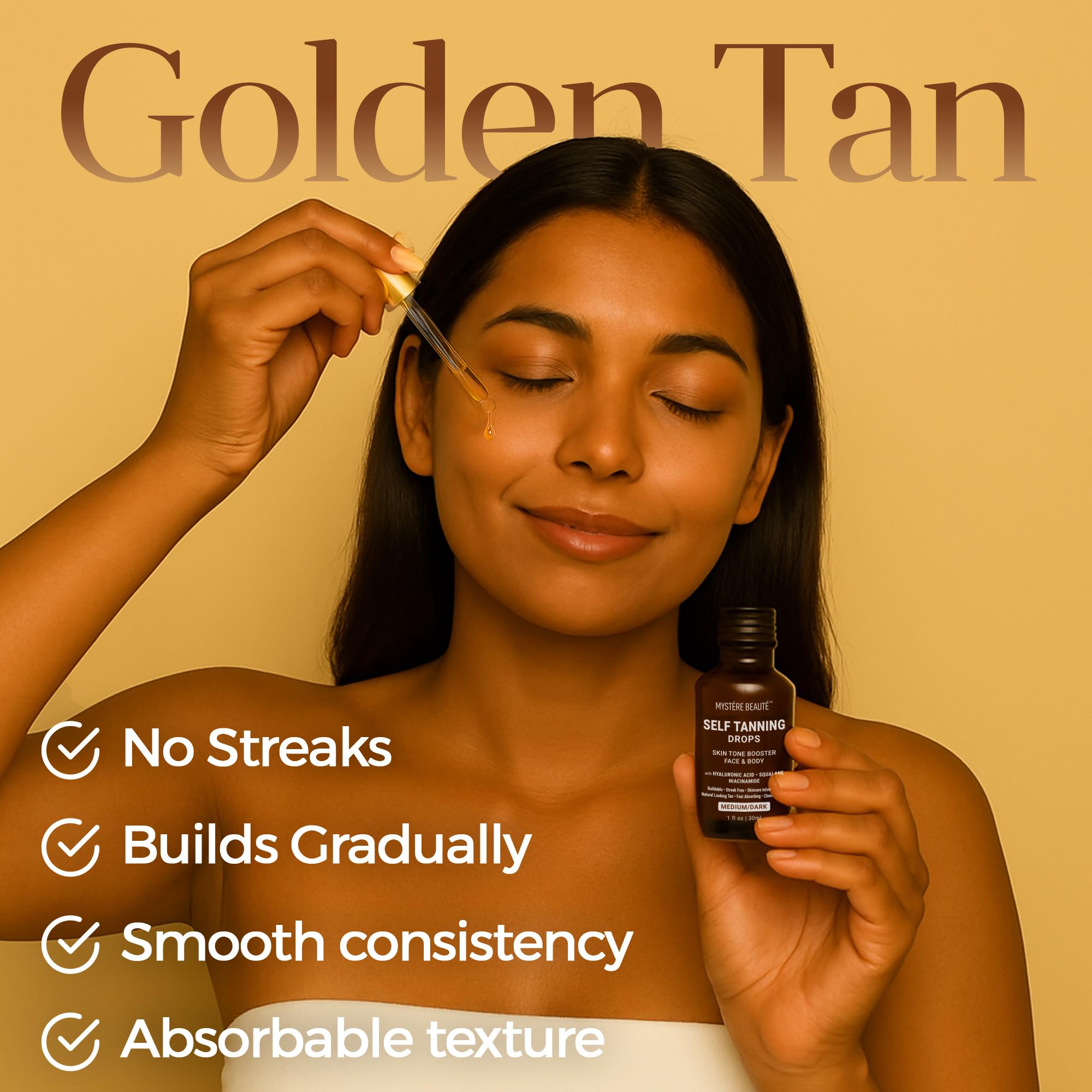 Gouttes autobronzantes Mystere Beaute corps pour bronzage naturel progressif.