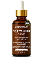 Gouttes autobronzantes Mystere Beaute visage pour teint doré uniforme.