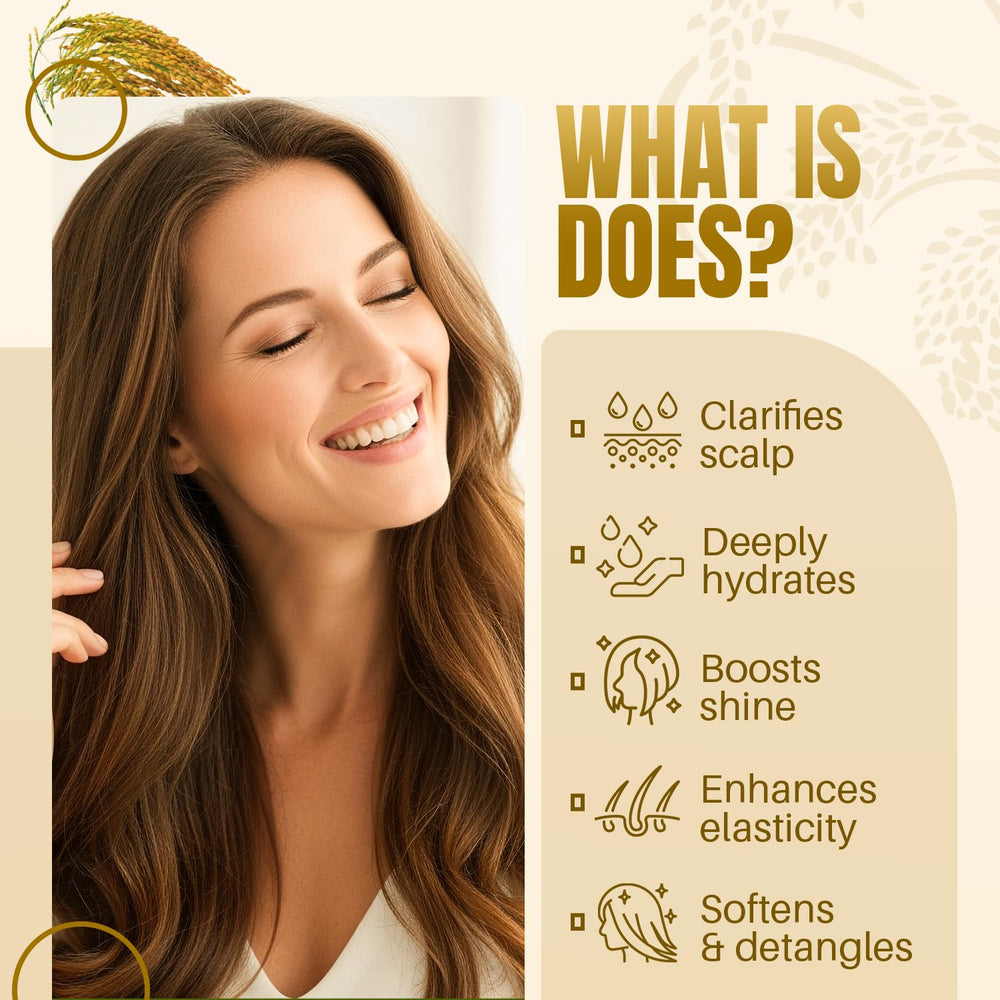 Après-shampoing MYSTÉRE BEAUTÉ – flacon clair, cheveux doux et démêlés facilement.