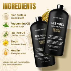 Ingrédients MYSTÉRE BEAUTÉ – image des composants, eau de riz et huiles nourrissent la fibre.