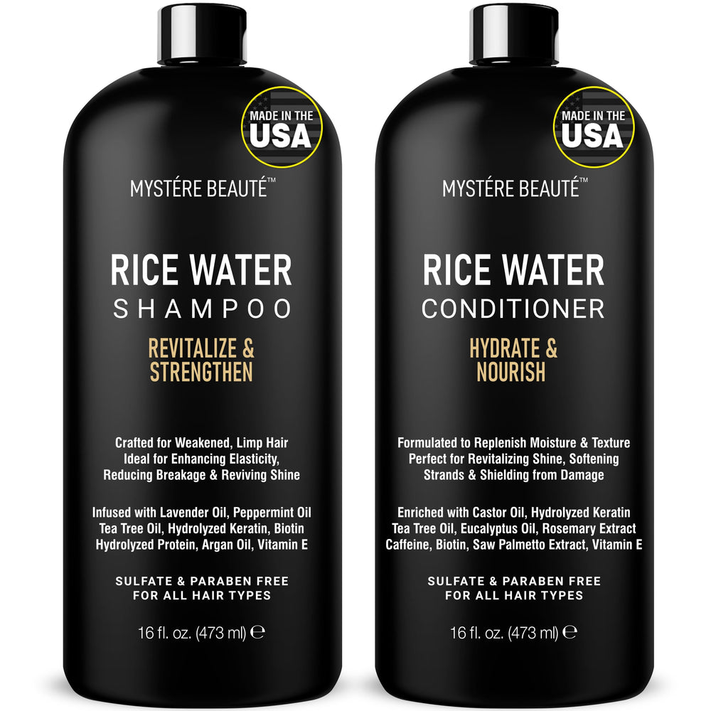 Shampoing à l'eau de riz MYSTÉRE BEAUTÉ – bouteille élégante, cheveux forts après chaque lavage.