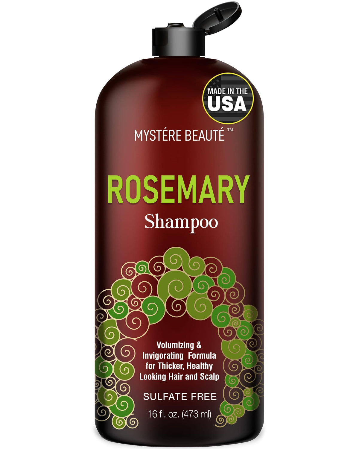 Shampoing Rosemary Mystère Beauté, bouteille, favorise cheveux forts et volumineux.
