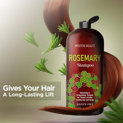 Shampoing Rosemary Mystère Beauté, texture riche et volume visible sur la chevelure.