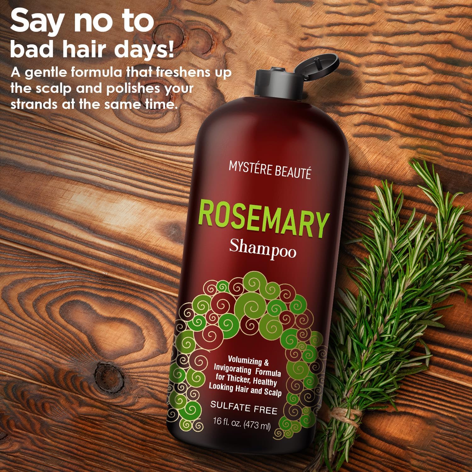 Shampoing Rosemary-Menthe Mystère Beauté, parfum herbacé frais pour une sensation de renouveau.