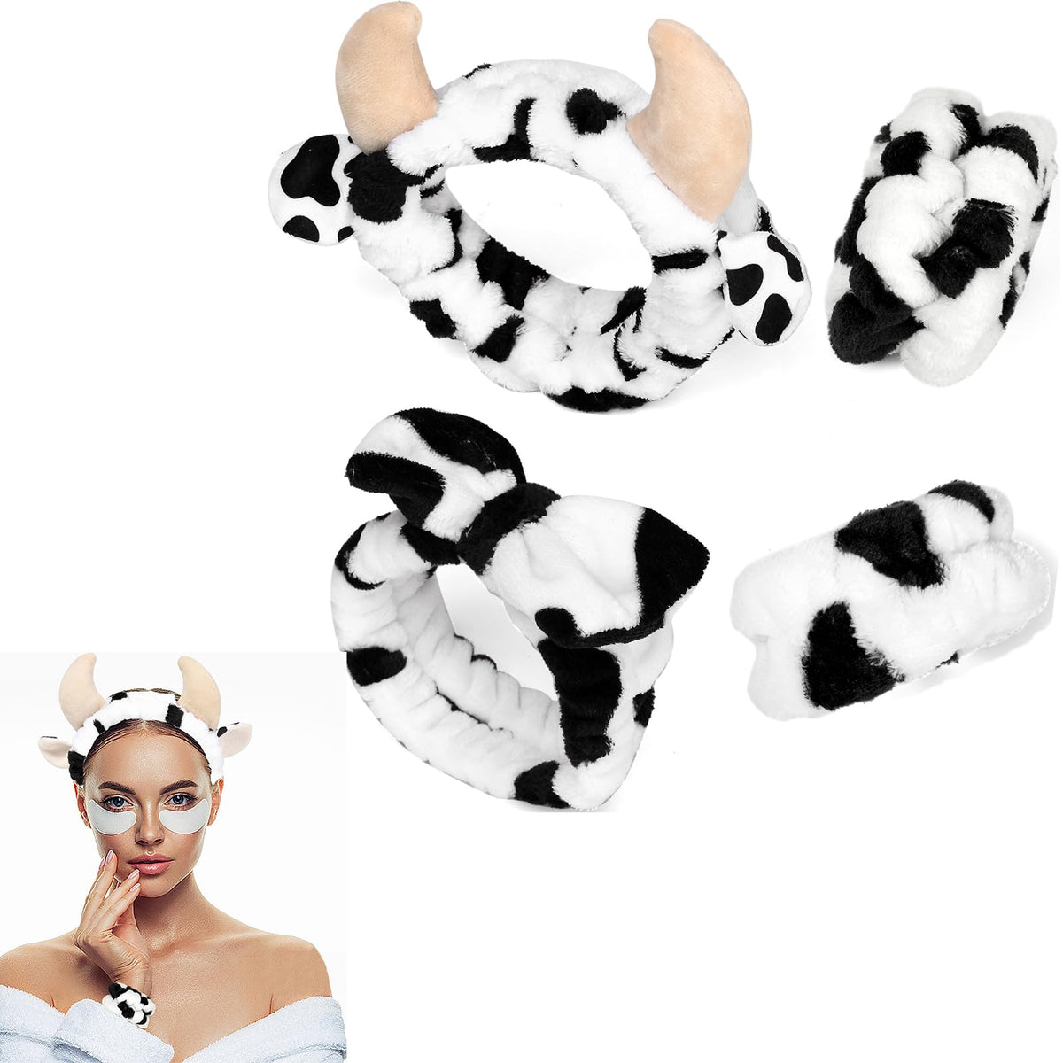 Nabegum bandeau visage imprimé vache, parfait pour garder les cheveux lors du soin.