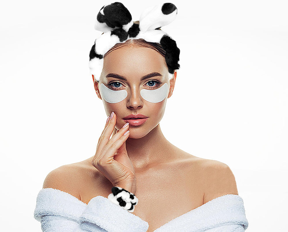 Nabegum ensemble bandeaux visage et poignet imprimé vache, solution pratique pour la routine spa.
