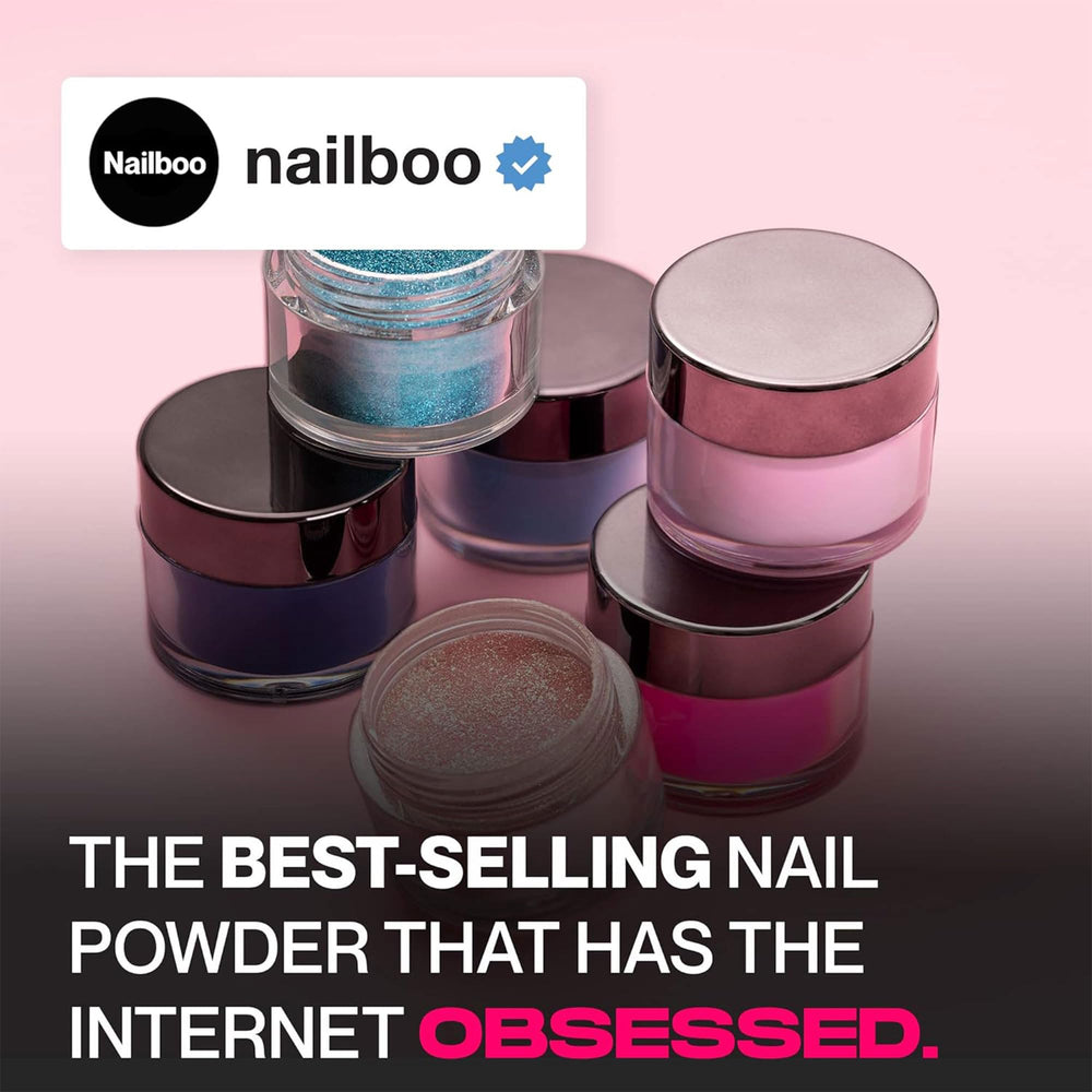 Poudre Nailboo rose paillettes offre une finition brillante sans lampe UV.