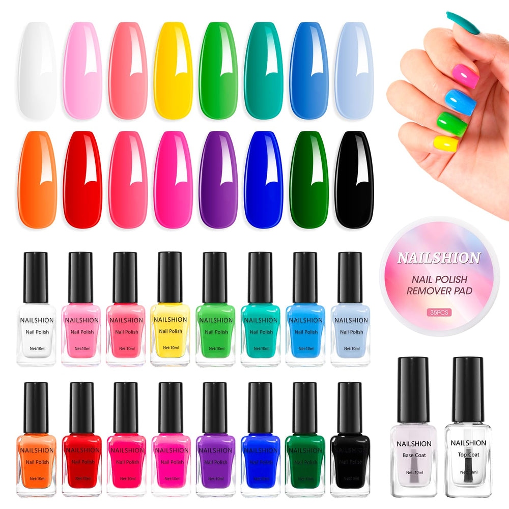 Nailshion vernis à ongles, bouteille transparente, coloris variés pour une manucure rapide.