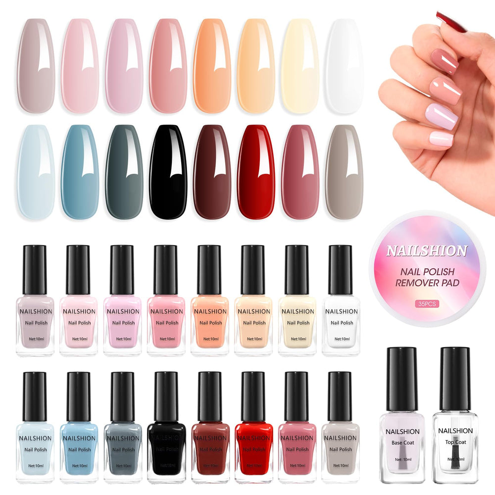 Nailshion kit vernis neutres 16 couleurs pour une manucure polyvalente et facile.
