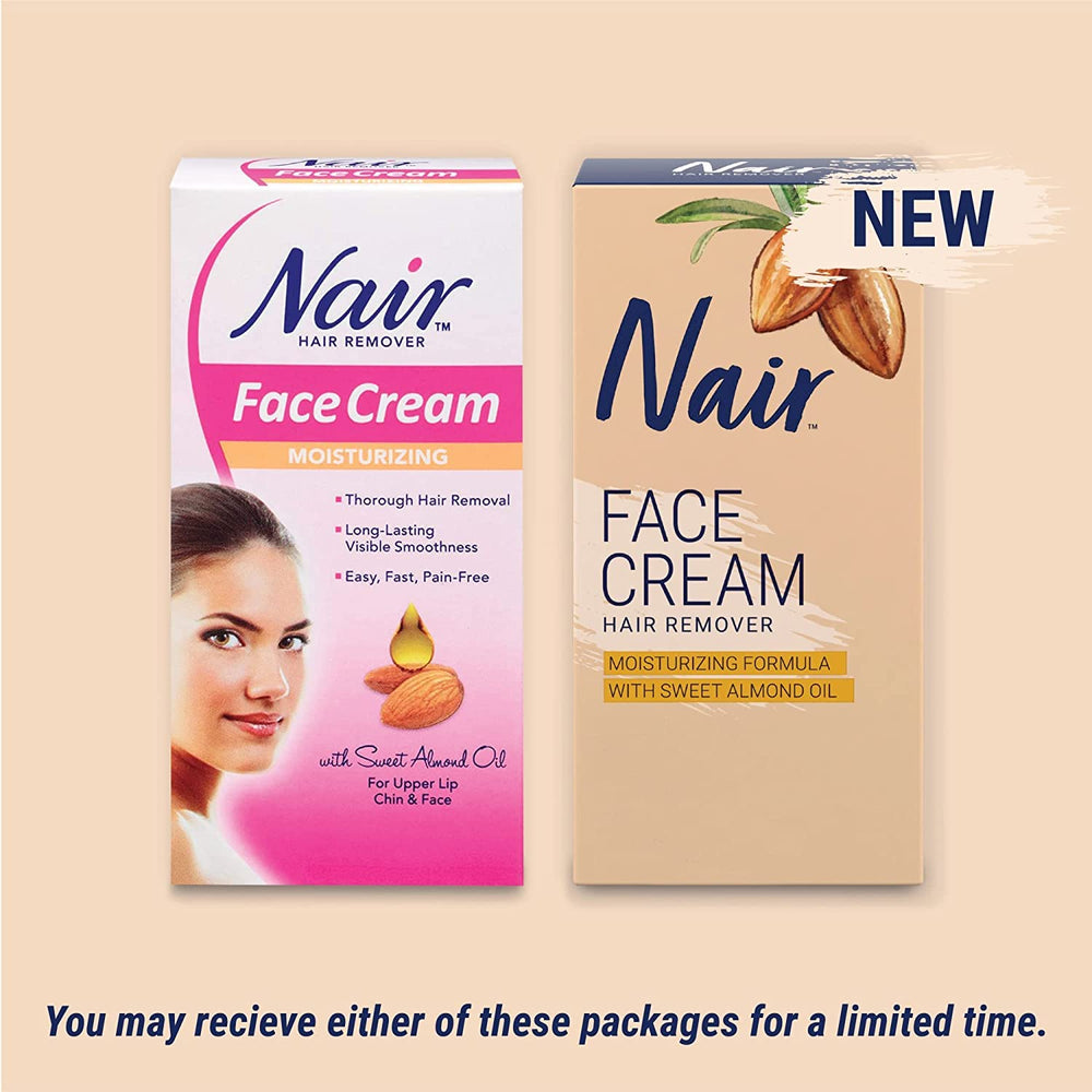 Peau lisse après dépilation grâce à Nair visage et exfoliation légère.