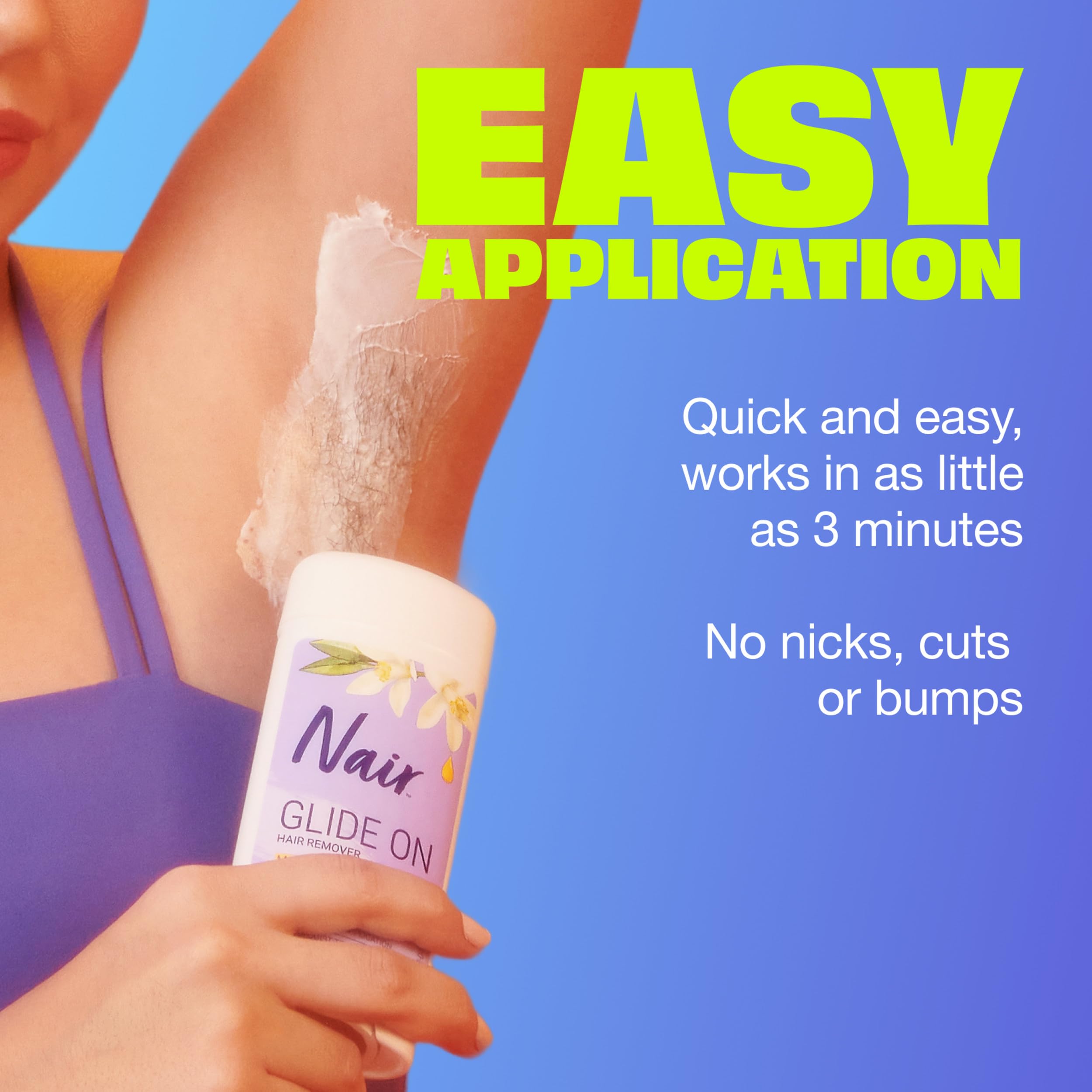 Crème dépilatoire Nair Glide On – temps de pose 3 à 10 minutes.