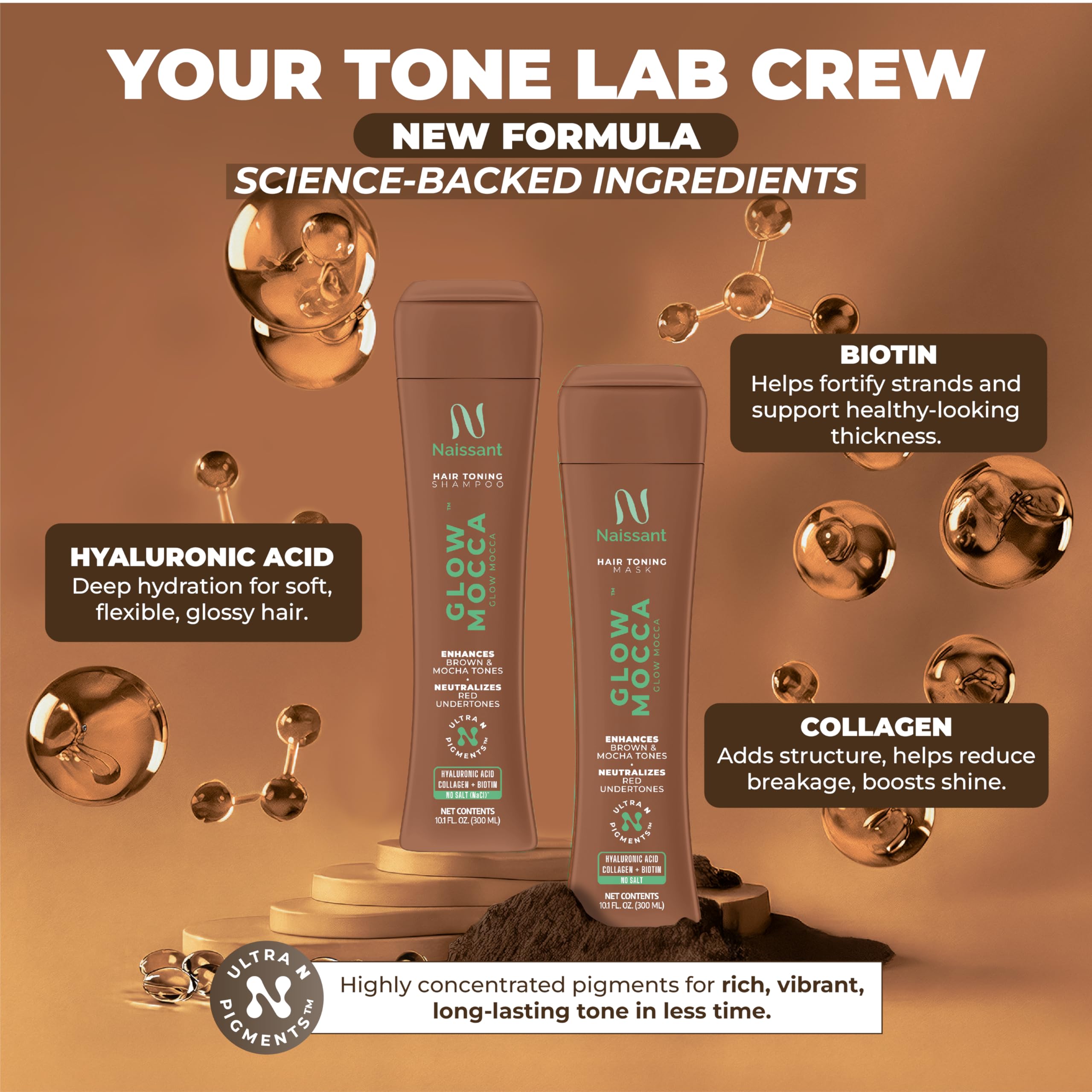 Pigments Ultra N haute pureté pour reflets plus neutres avec Naissant Glow Mocca.