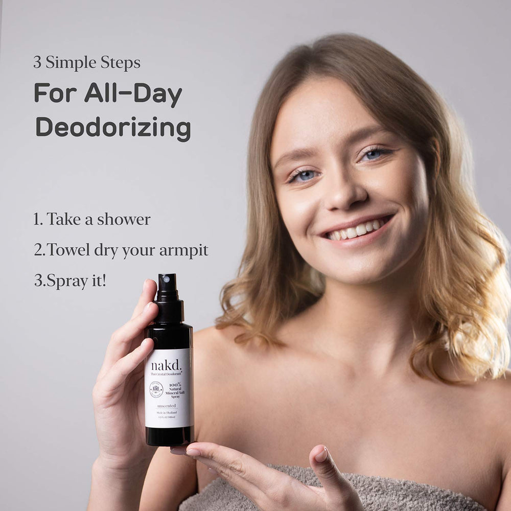 Nakd Thai Crystal Déodorant Spray – emballage duo illustrant l’offre regular et travel.