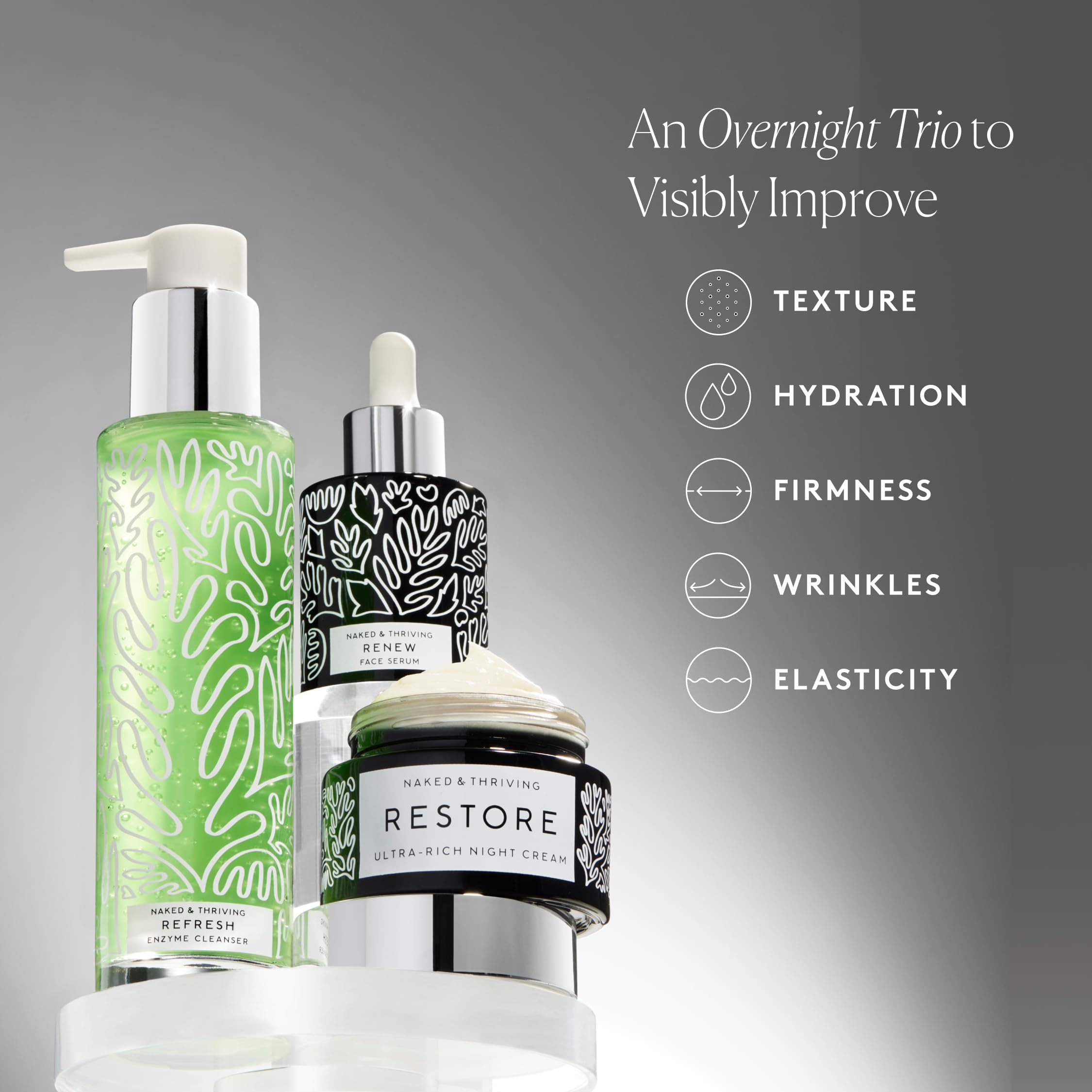 Naked & Thriving Renew sérum nuit 30 ml, effet repulpant potentiel.