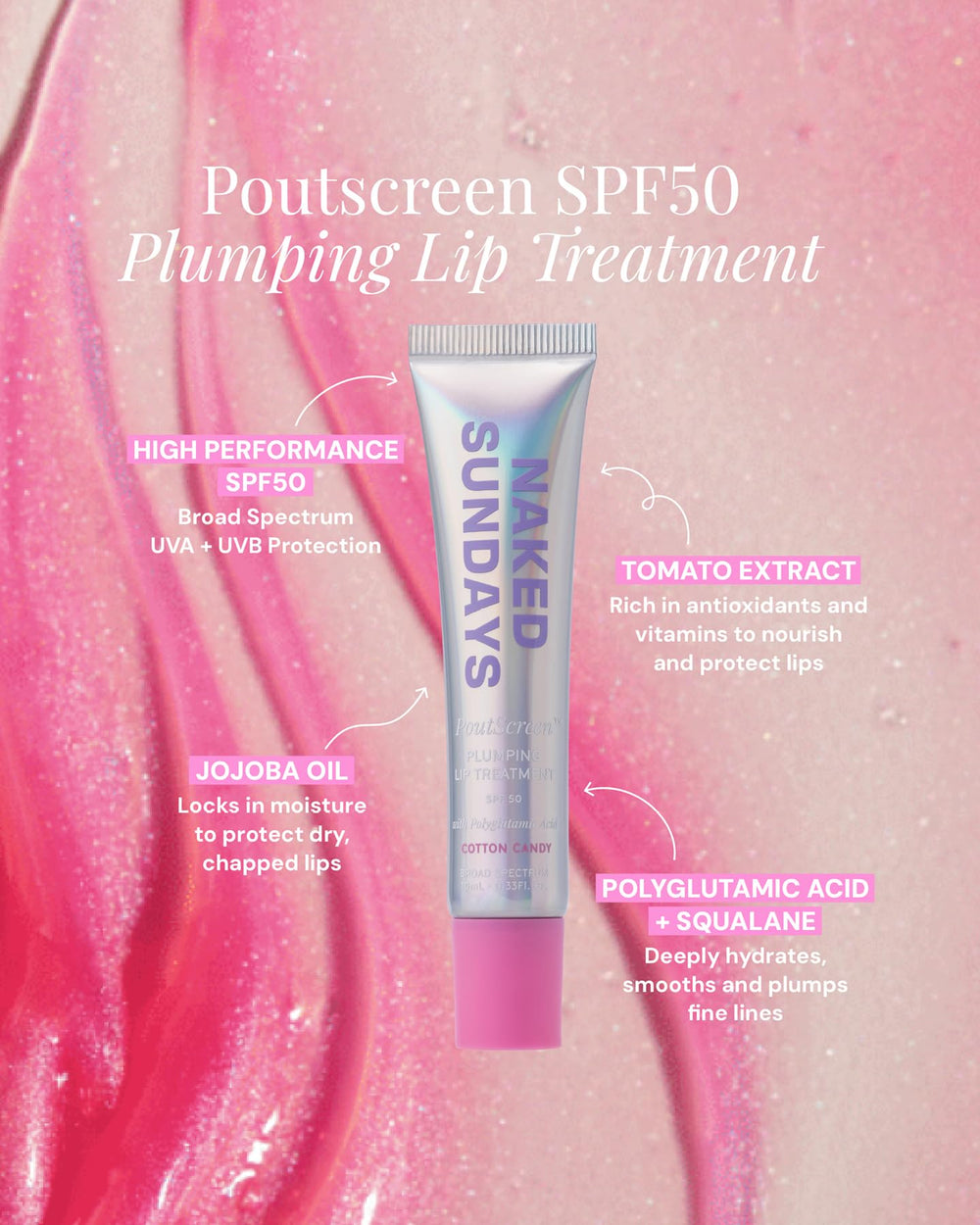 Naked Sundays PoutScreen with jojoba oil suggests deep lip hydration
