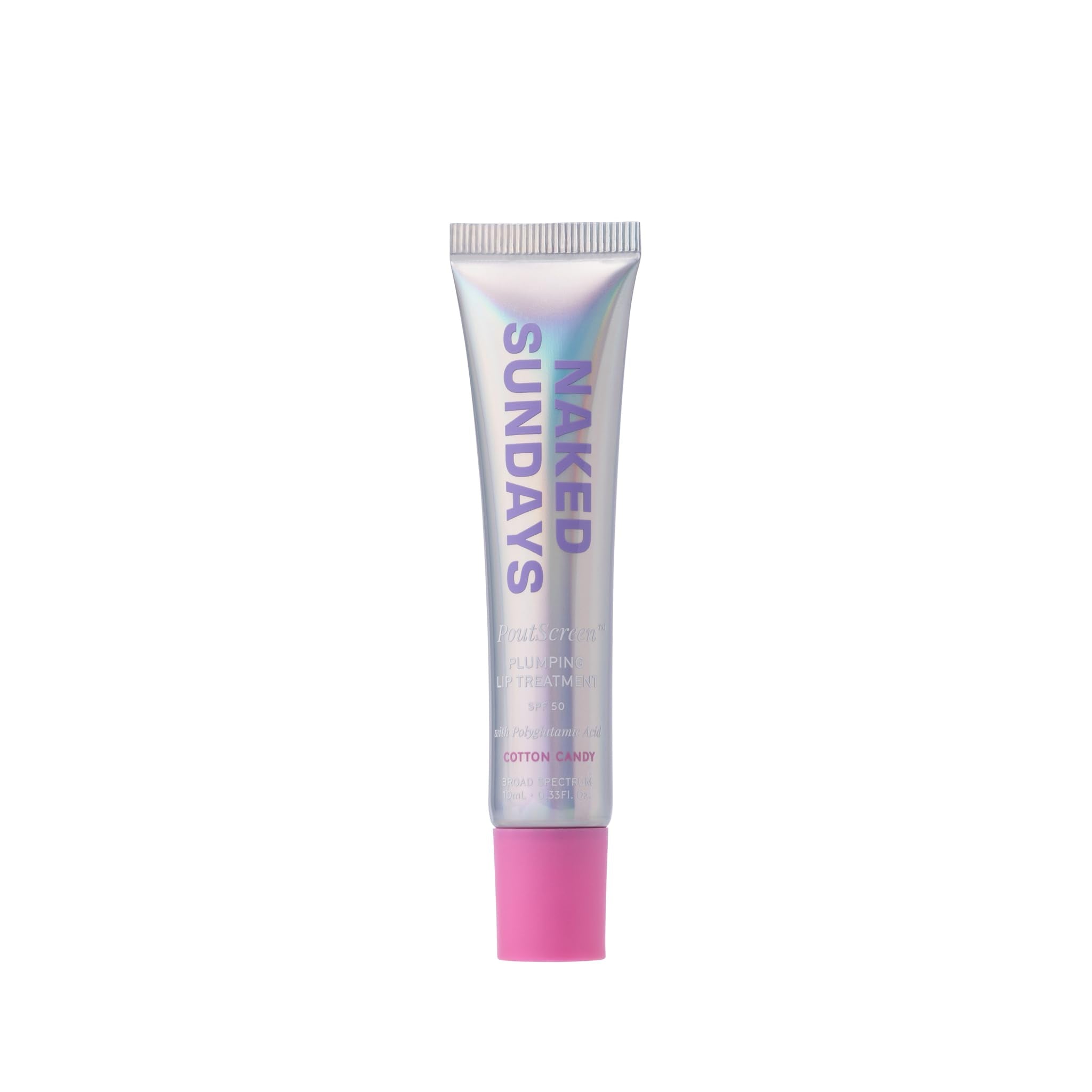 Naked Sundays PoutScreen SPF 50 lip balm tube with hydrating, high-gloss finish