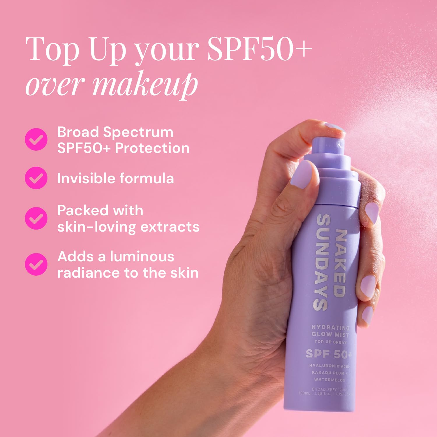 Naked Sundays SPF50 spray-maquillage fixation légère et éclat durable.