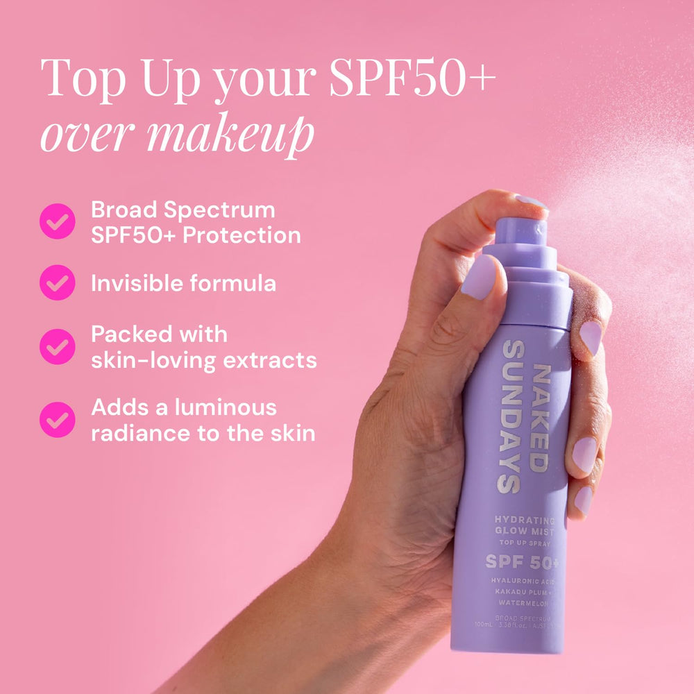 Naked Sundays SPF50 spray-maquillage fixation légère et éclat durable.