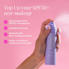 Naked Sundays SPF50 spray-maquillage fixation légère et éclat durable.