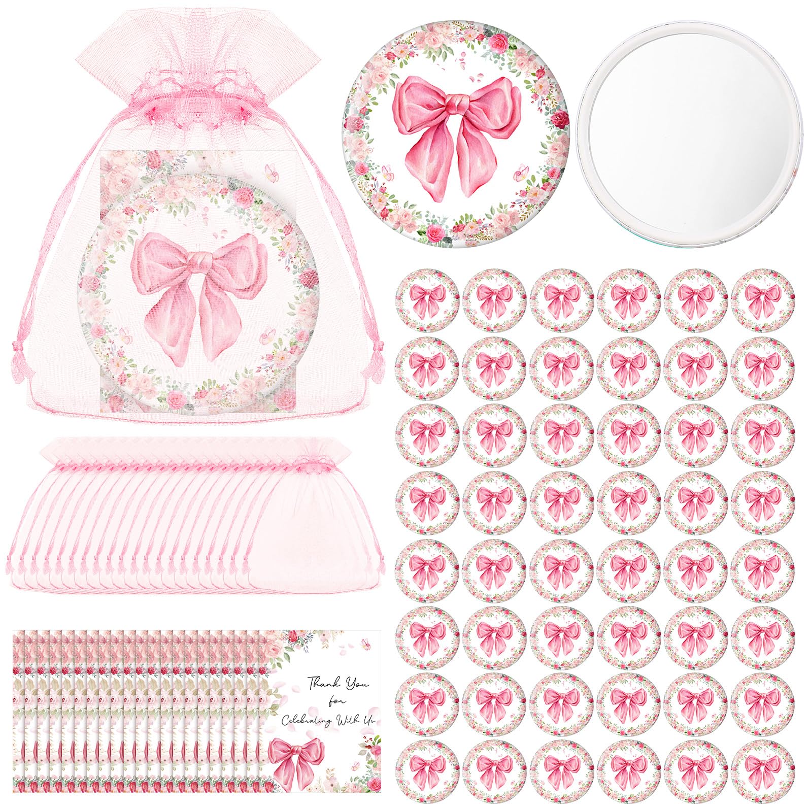 Namalu miroir compact coquette avec noeud rose en gros plan, parfait pour retouches en déplacement.