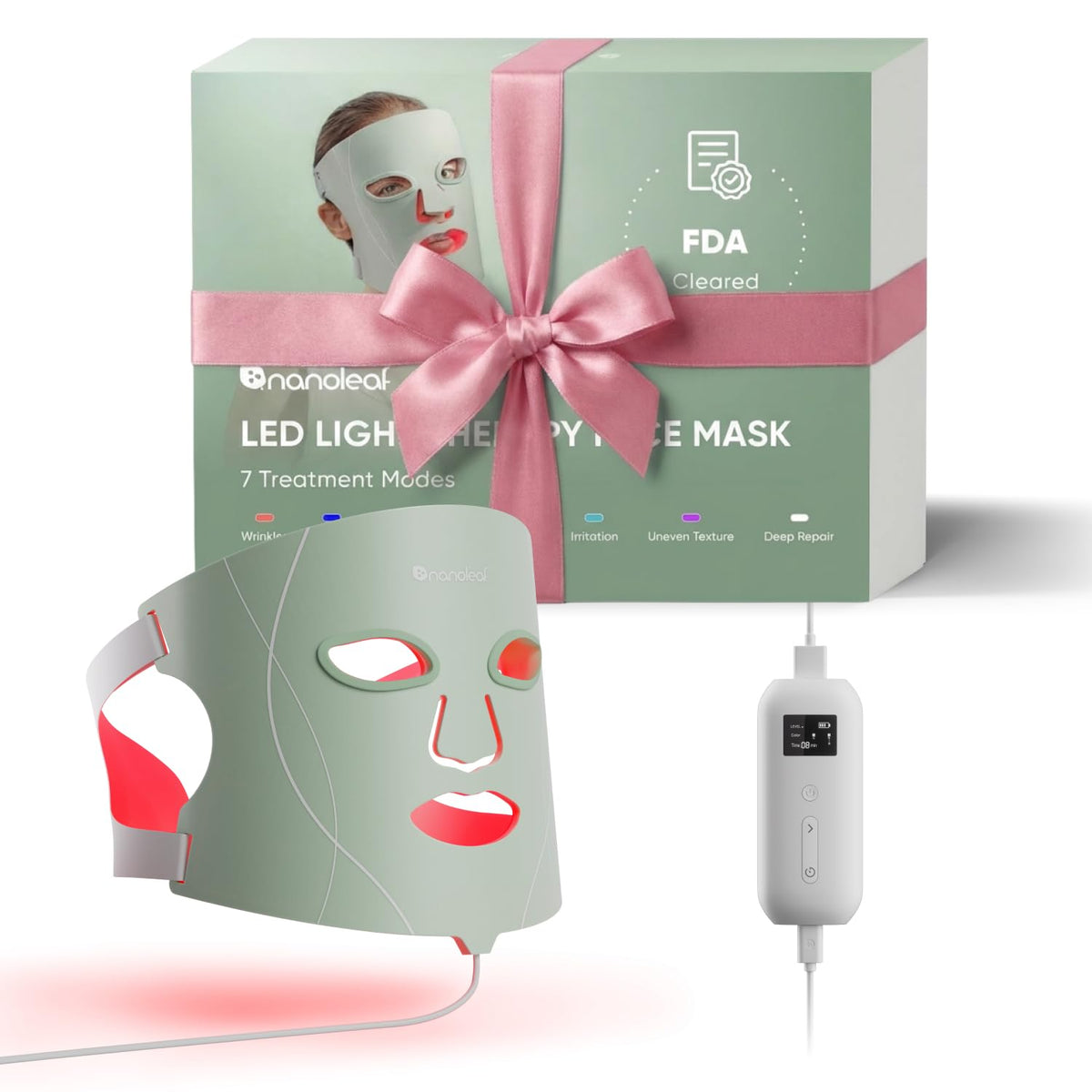 Masque Nanoleaf affichant les 7 modes lumineux pour stimuler l'apparence de la peau