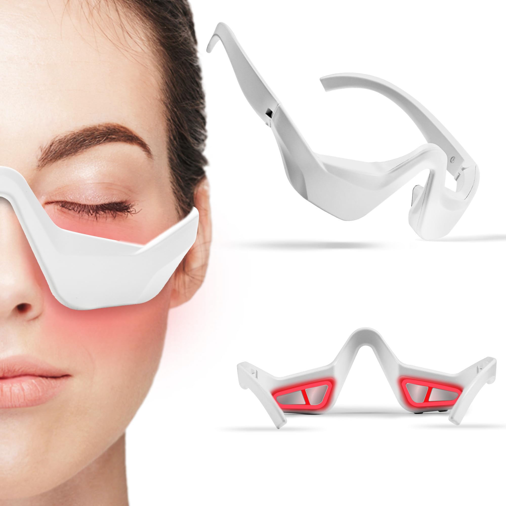 Lunettes NANSIKE de thérapie lumière rouge sous les yeux, soin quotidien.
