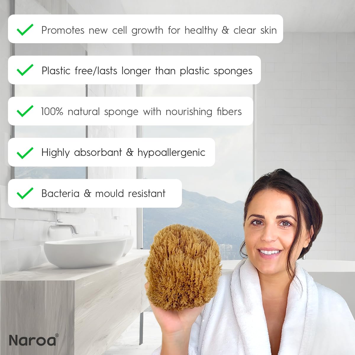 Éponge Naroa à fibres naturelles, nettoyage efficace et peau nourrie.
