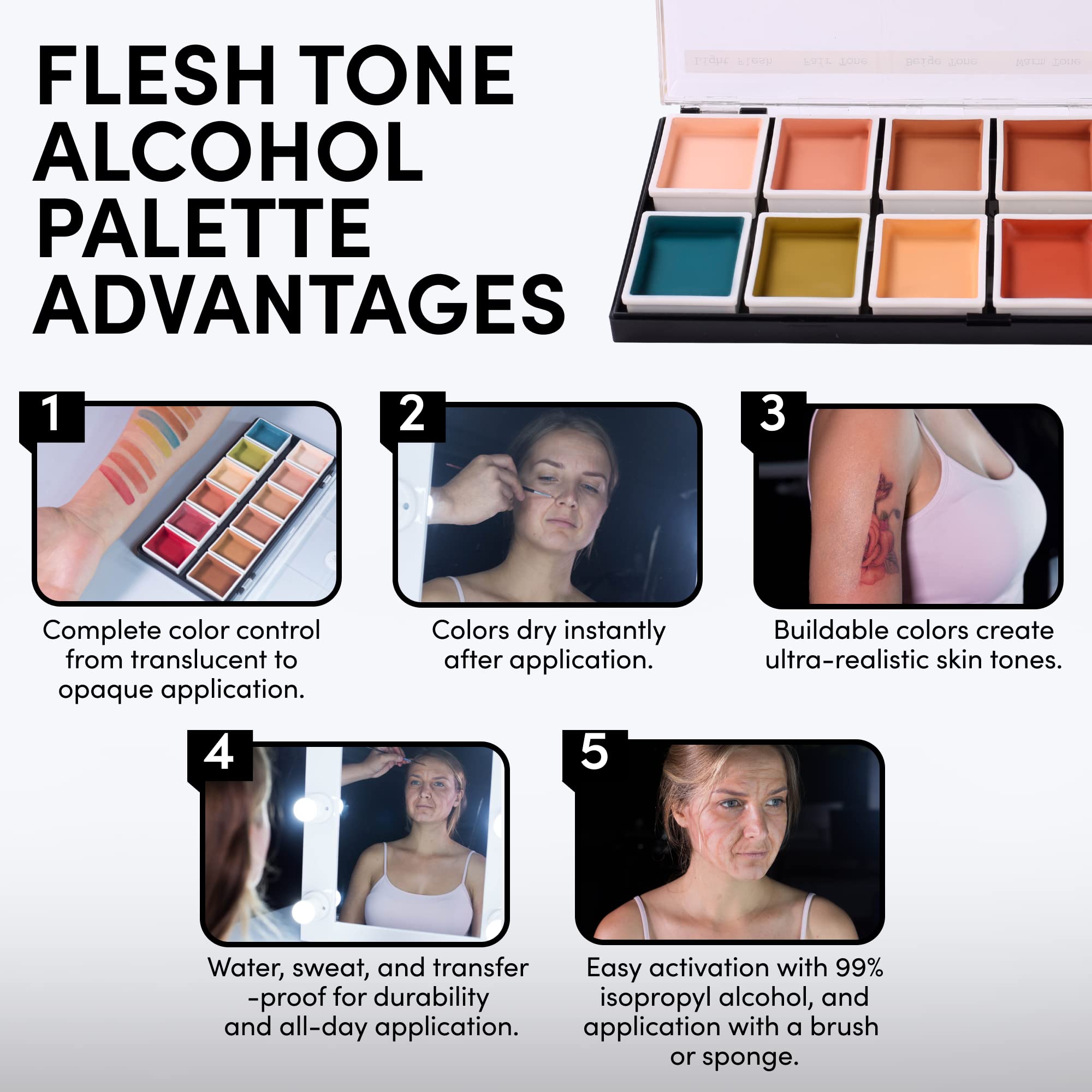 Narrative Cosmetics: échantillons de teintes peau variées pour maquillage SFX.