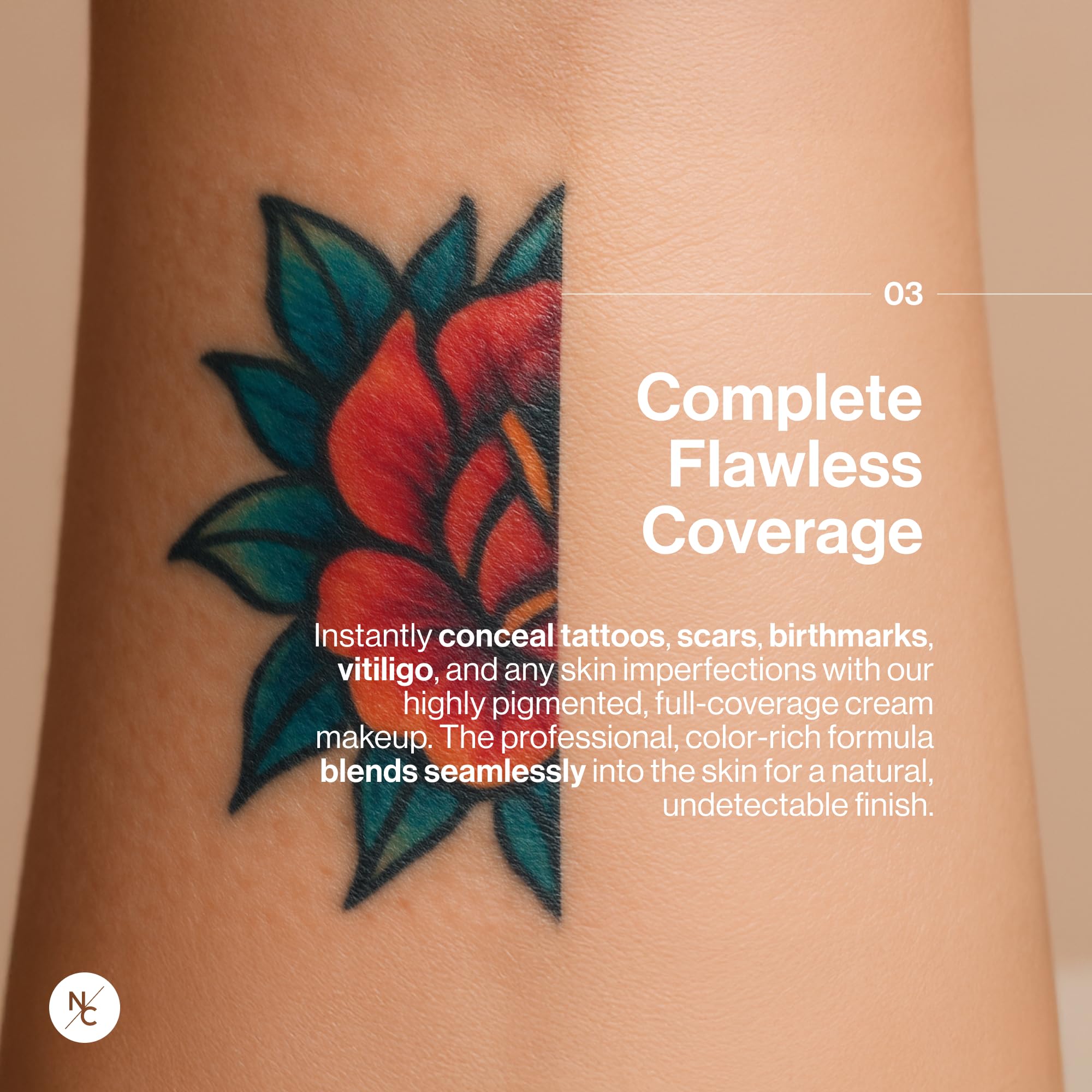 Narrative Cosmetics Tattoo Cover Up: fixation rapide et tenue tout au long de la journée.
