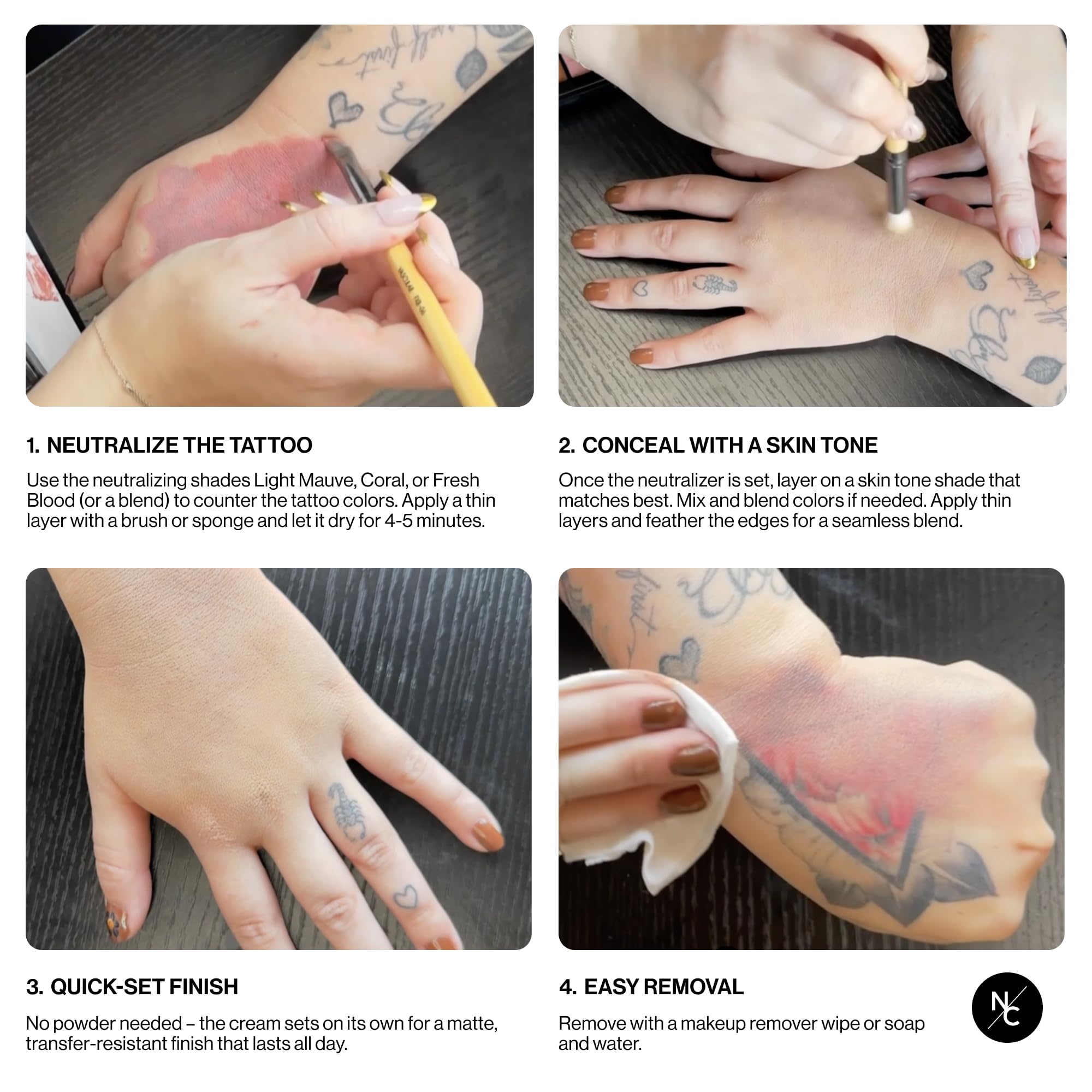 Narrative Cosmetics Tattoo Cover Up: nuances neutres pour une correspondance peau variée.